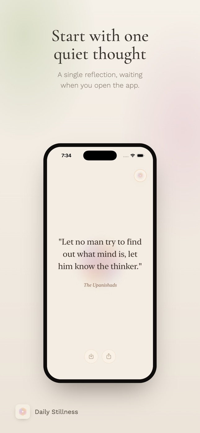 Daily Stillness light mode home screen with a daily quote.