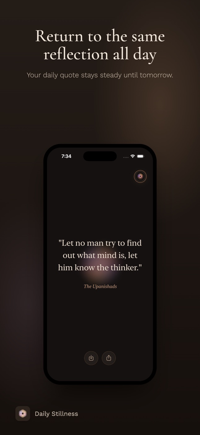 Daily Stillness dark mode home screen with the same daily reflection.