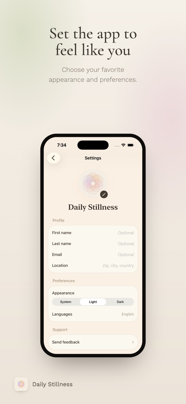 Daily Stillness settings screen with appearance preferences.