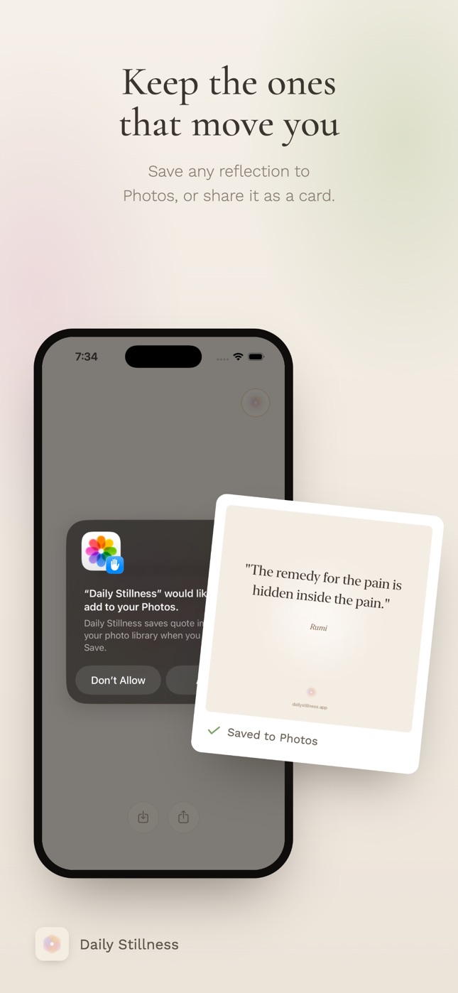 Daily Stillness save and share experience for quote cards.